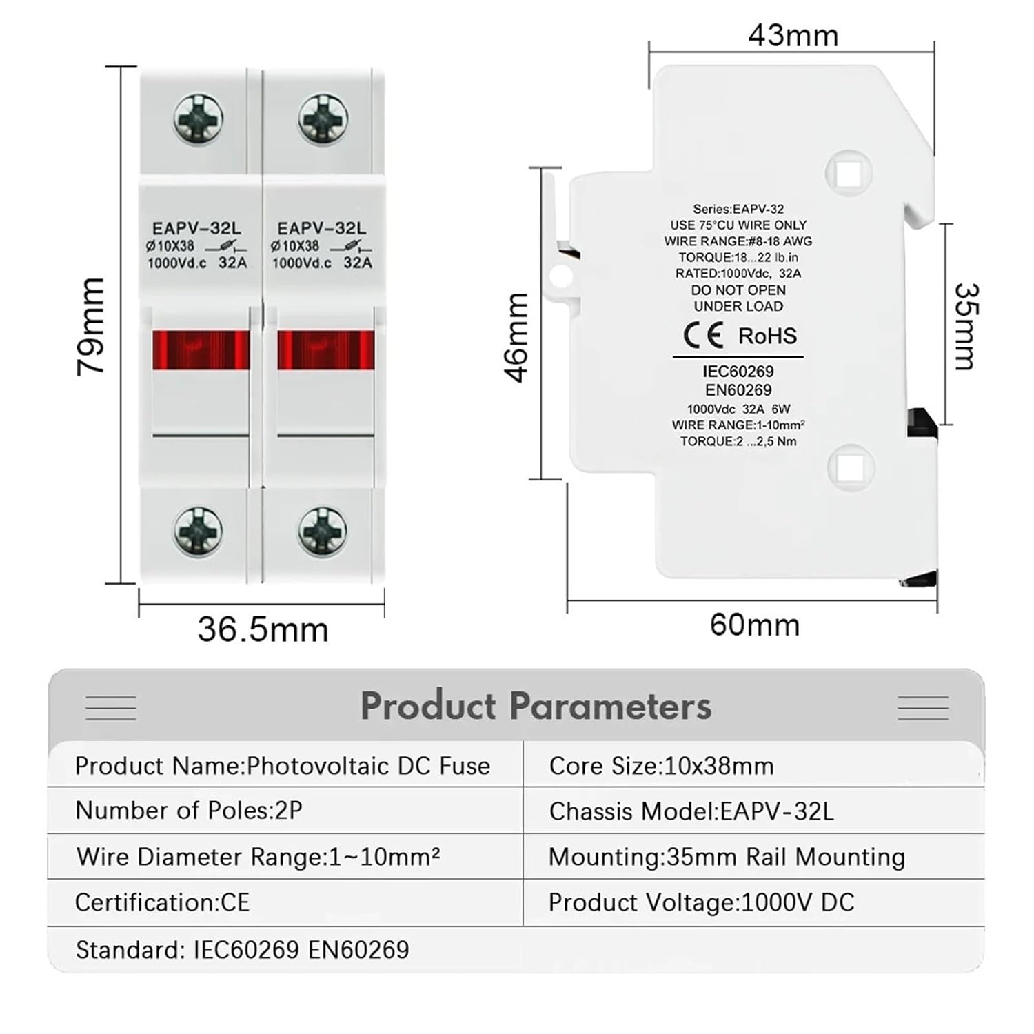 EAPV-32L 2P Solar PV DC Fuse Holders with Indicator Light Suitable for 10 * 38mm DC PV Fuse Link for Solar Photovoltaic Pro 1Pcs