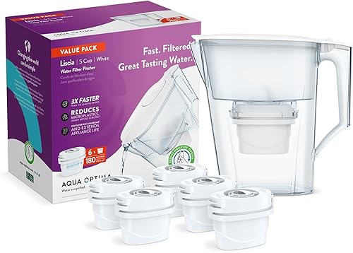 Miniatura 1 de Aqua Optima Paquete económico de jarra de filtro de agua para grifo y agua potable con 6 filtros Evolve sin BPA certificado WQA diseño Liscia blanco