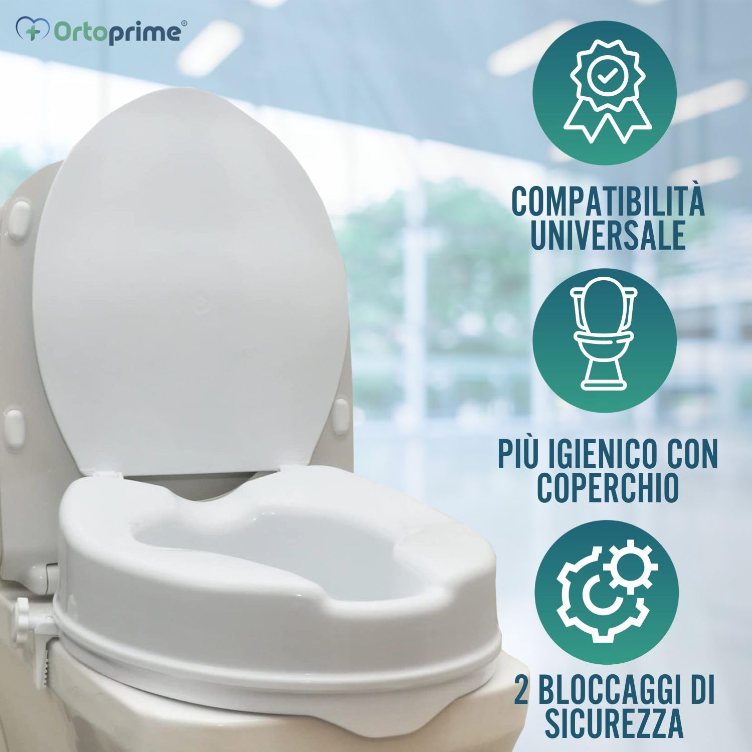 OrtoPrime Rialzo WC per Disabili con Coperchio - Altezza 10 cm - Alzawater Ortopedico con Sistema di Fissaggio Laterale di Sicurezza - Rialzo water Universale Regolabile