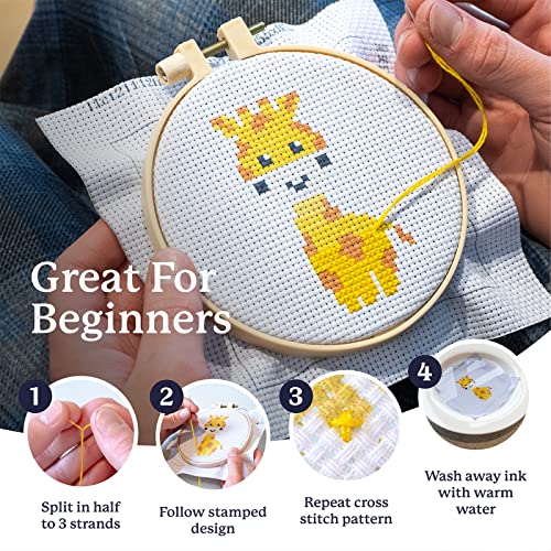 Image of Kraftex Floral Stamped Cross Stitch Kits for Beginners - 3 Pack. DIY Embroidery Needlepoint Patterns for Adults. Easy Cross Stitch Kits for Beginners (Zoo Creatures)