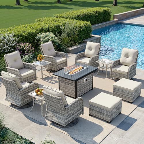 Image of 12-Piece Small Patio Furniture Set, Outdoor Swivel Rocking Chairs Set with 55,000 BTU Fire Pit Table Wicker Chairs and Ottomans, Patio Bistro Set for Balcony, Deck, Porch, Ivory