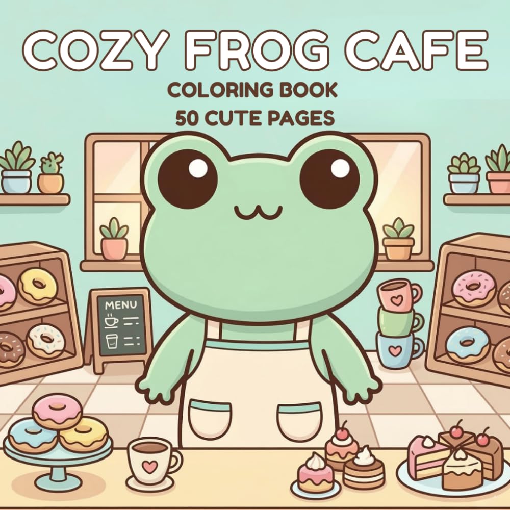 COZY FROG CAFE: A Cozy Frog Coloring Book – 50 Cute Coloring Pages of Cafe, Coffee and Donuts