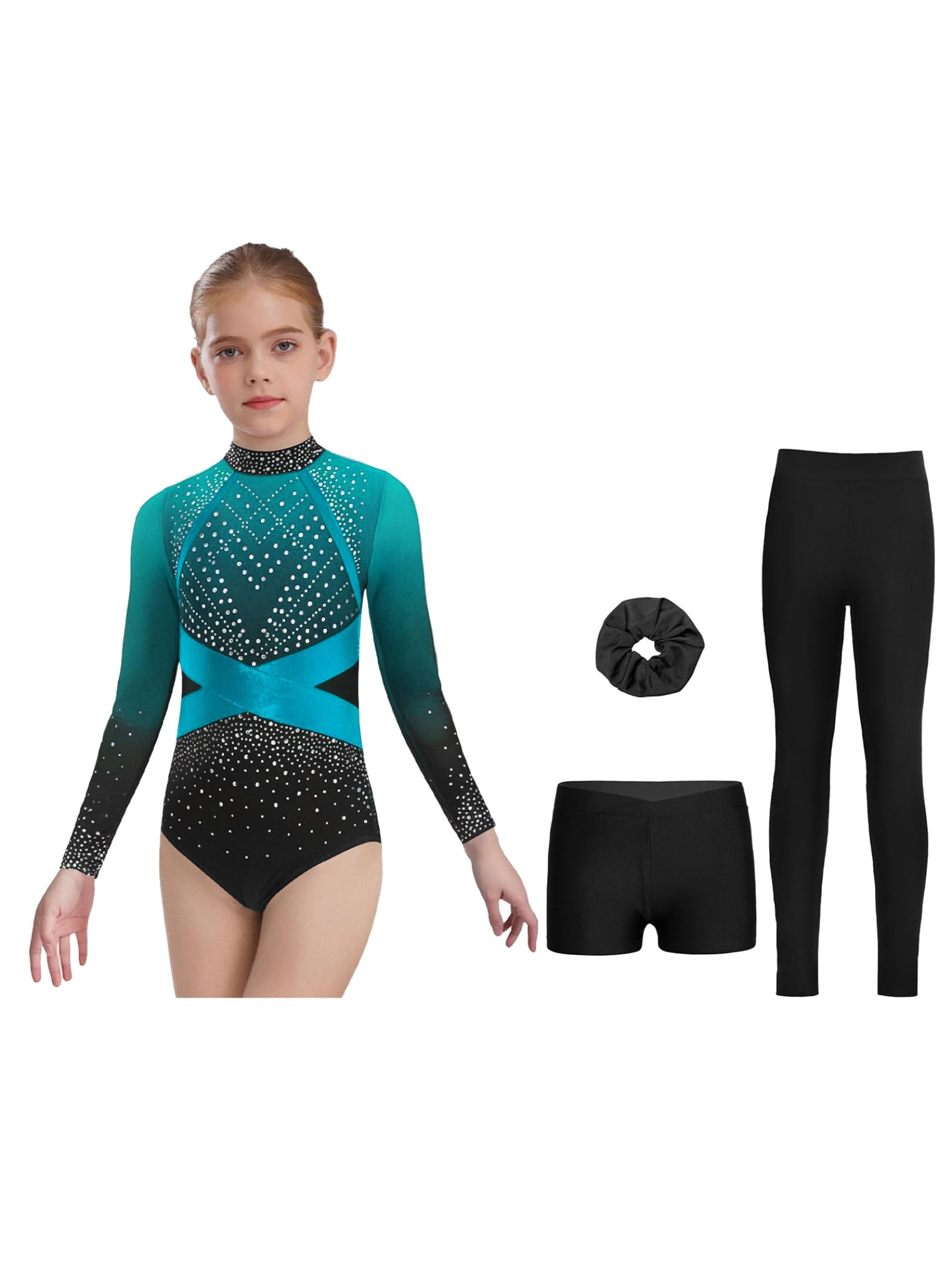 4tlg.Mädchen Turnanzug Glitzer Gymnastikanzug mit Shorts Hose und Haargummi Langarm Gymnastik Leotard Tanzkleidung Set