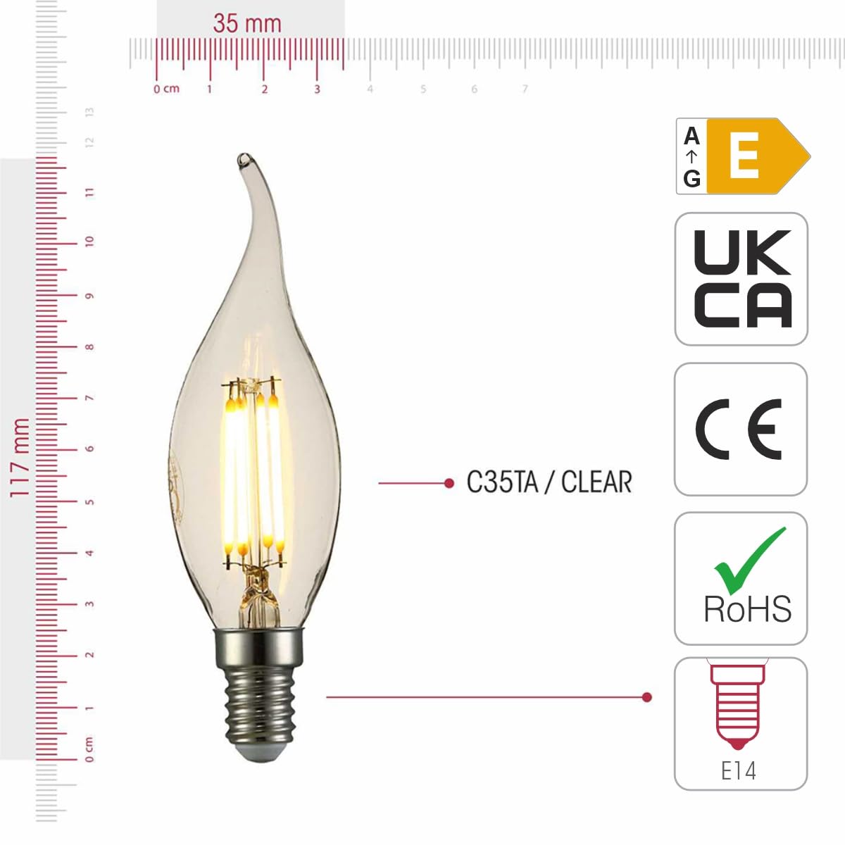 TEKLED® Lampadine a LED vintage a filamento C35, con punta di fiamma, attacco E14, attacco Edison piccolo, a risparmio energetico, 4 W, equivalente a 40 W, confezione da 10 pezzi, bianco caldo
