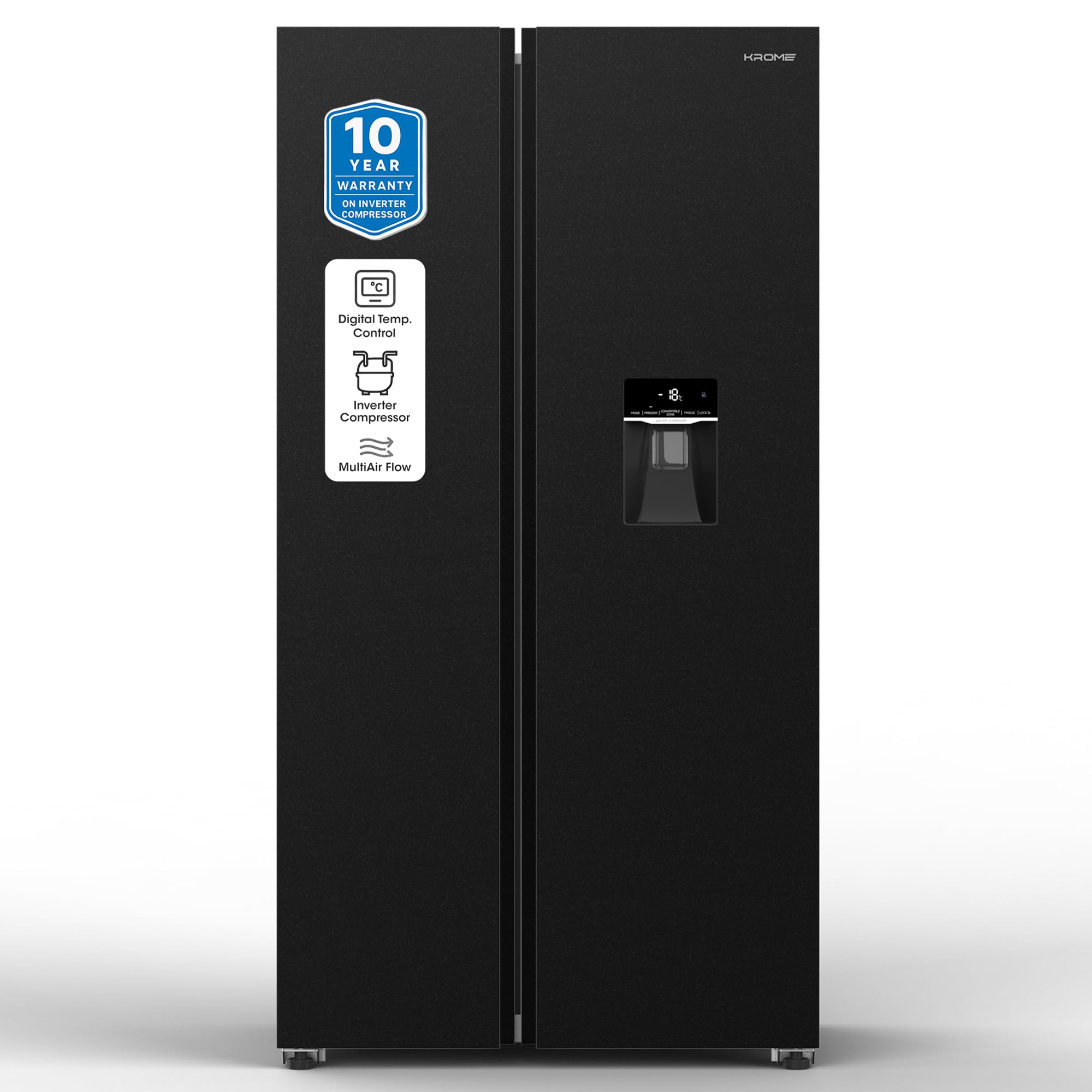 Krome 820L Gross Side-by-Side Refrigerator, 595L Net Capacity, No Frost, Inverter Compressor, Quick Cooling & Freezing, LED Touch Control, Twist Ice Maker, Dark Inox Metal Doors, KR-SBS 820WIH