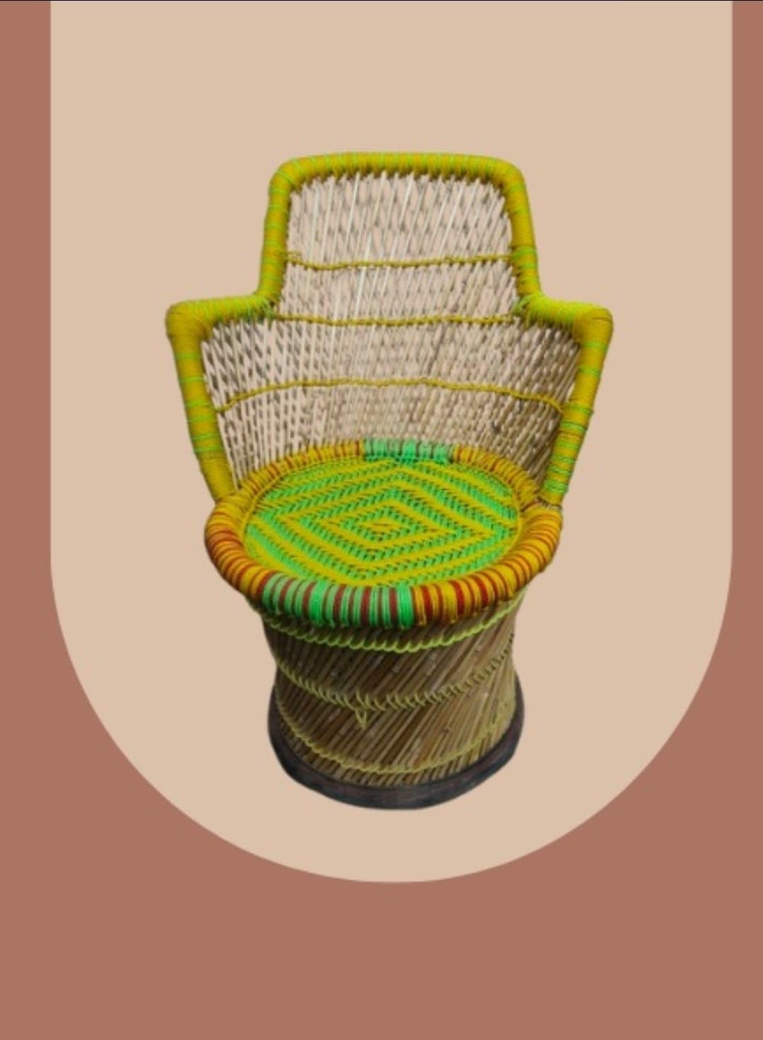 Handwoven Wicker Chair, Green and Yellow, Rattan Material, High Back Design, Decorative Seat Large Size Bamboo muda Chair-image-14
