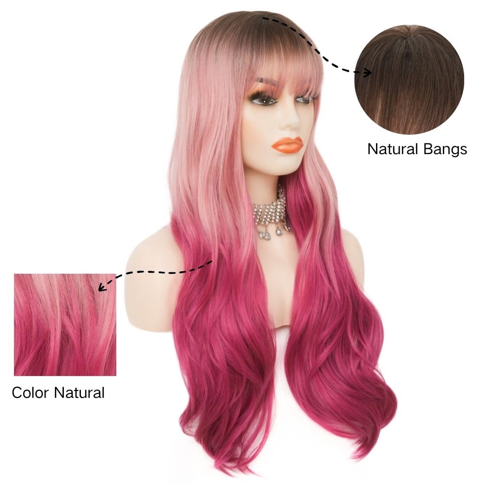 Siudus Ombre Pink Long Curly Wigs for Women with Bangs Dark Root Wavy Cosplay Fluffy Hair Wig Synthetic Fiber Halloween Costume Wig - Image 2