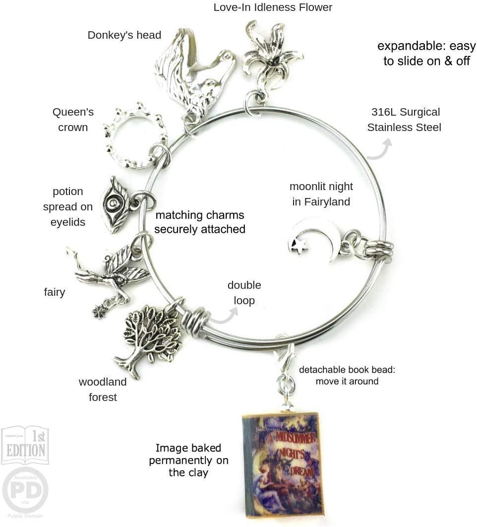 A Midsummer Night's Dream William Shakespeare Clay Mini Book Stainless Steel Expandable Bangle