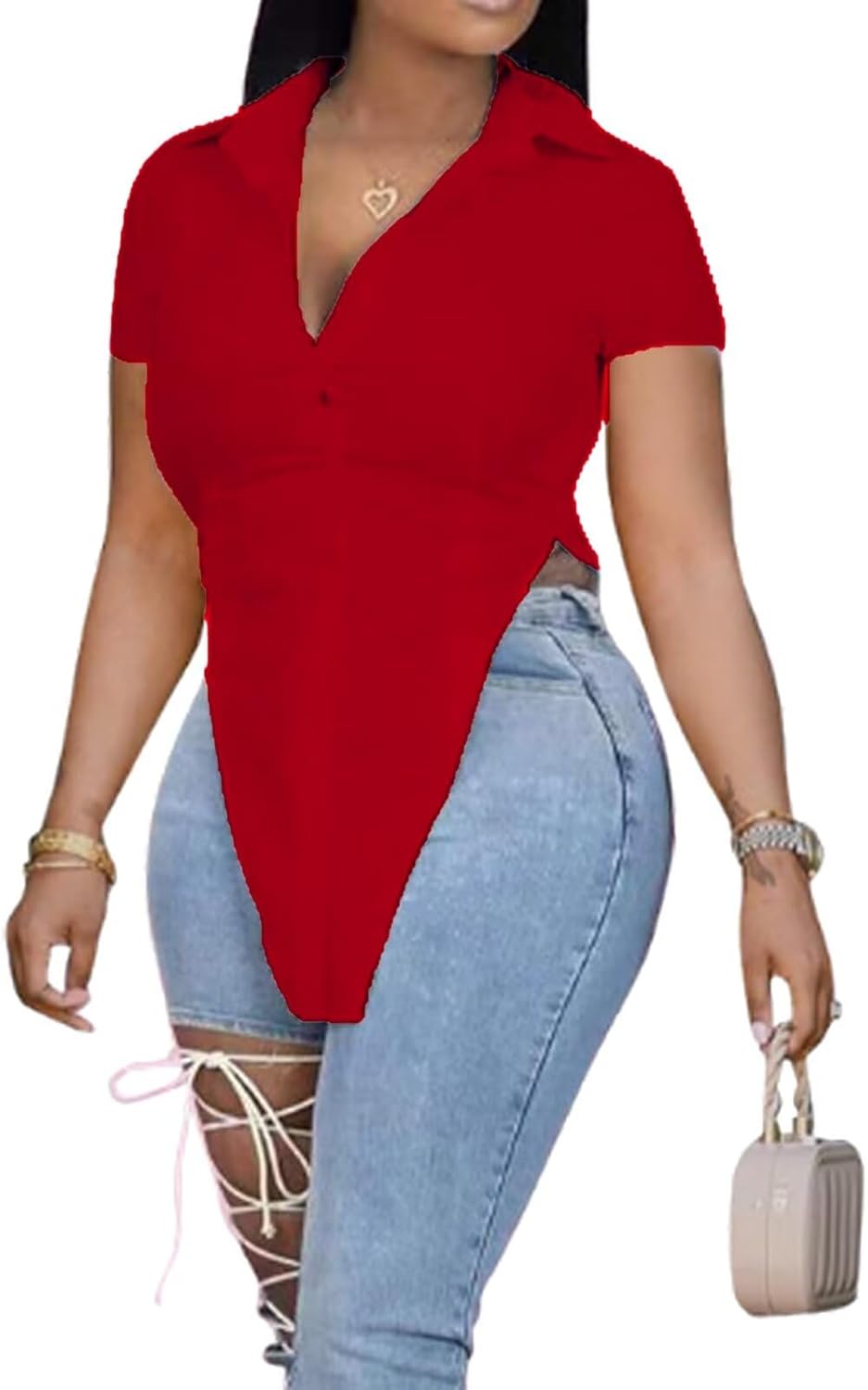 Women Collar V Neck Button Down Slit Hem Short Sleeve Blouse Long Shirts Top - Image 2