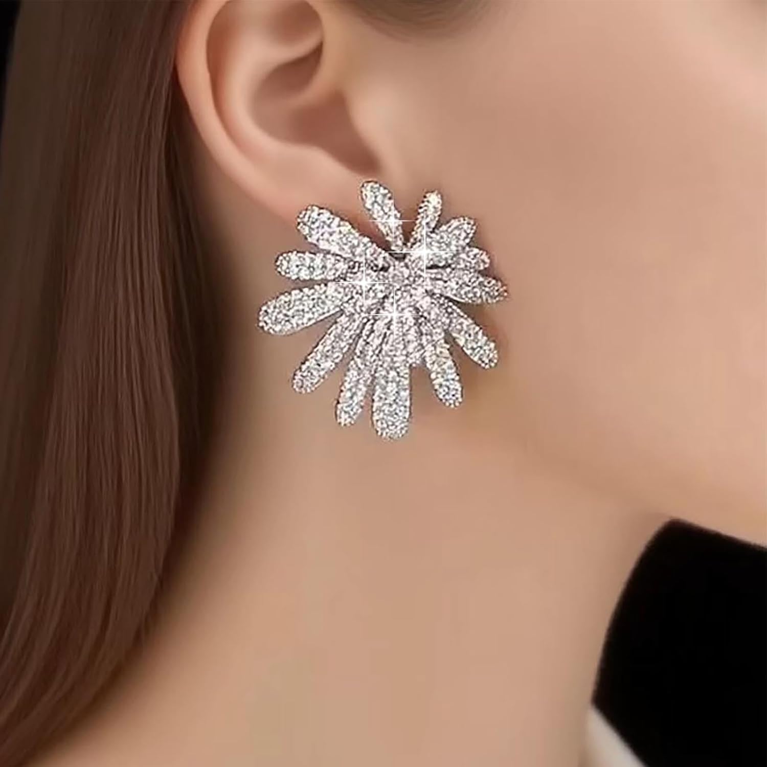Vintage Rhinestone Flower Earrings Large Crystal Floral Earrings Silver Cz Flower Stud Earring Fireworks Stud Earring Wedding Prom Jewelry for Women - Image 7