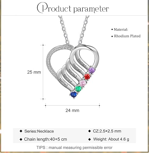 Miniatura 4 de Jeweidea Personalized Heart Necklace with 2-6 Simulated Birthstones Custom Name Mother Daughter Chain Pendant for Women Mom Birthday