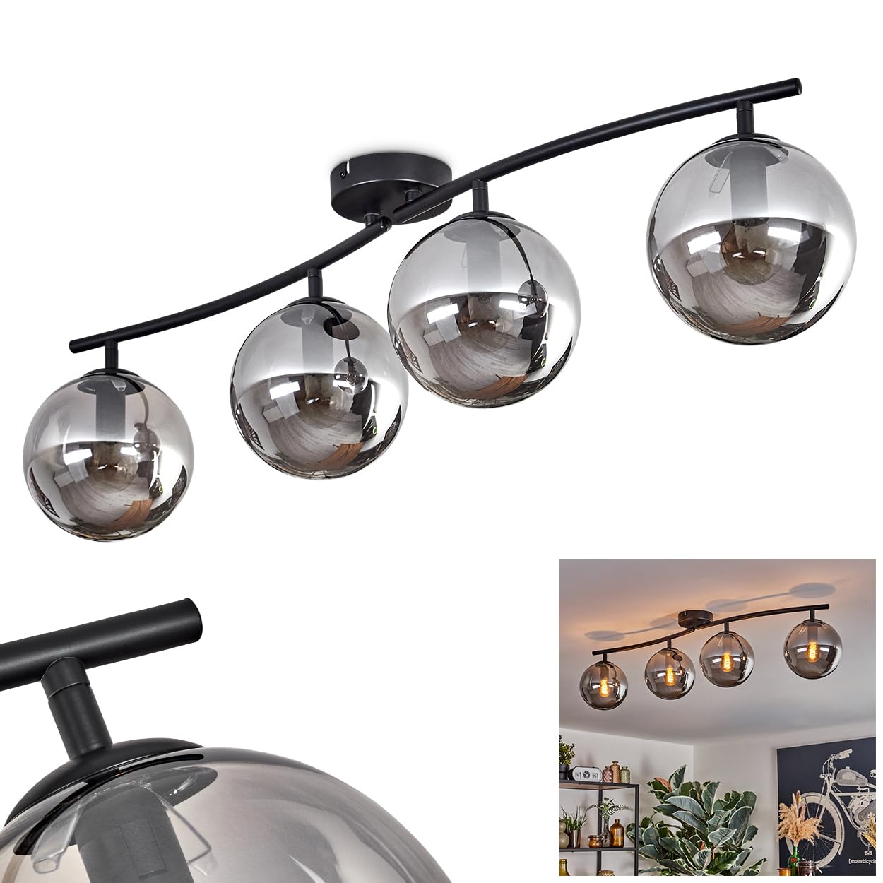 Hofstein Black Ceiling Lamp Gastor, Ceiling Lamp Made Of Metal/Glass In /Smoke Colours, Luminaire In A Modern Retro/Vintage Design With Glass Shades (Ø 15 Cm), 4 X E14, Without Bulbs