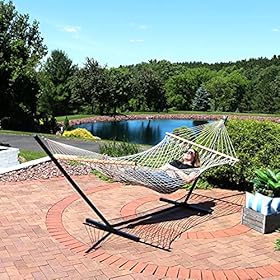 Sunnydaze Cotton Rope Hammock with Unfinished Wood Spreader Bars - 12-Foot Stand - 350 Pound Weight Capacity 61WXHmJftUS. SS280