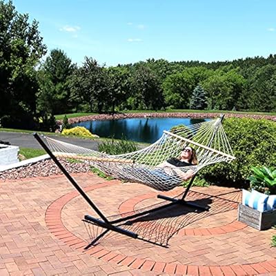 Sunnydaze Cotton Rope Hammock with Unfinished Wood Spreader Bars - 12-Foot Stand - 350 Pound Weight Capacity 61WXHmJftUS. SS400