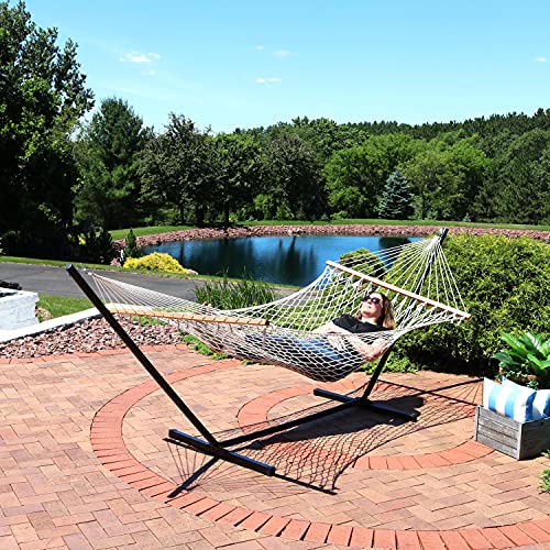 Sunnydaze-Cotton-Rope-Hammock-with-Unfinished-Wood-Spreader-Bars-12-Foot-Stand-350-Pound-Weight-Capacity 61WXHmJftUS