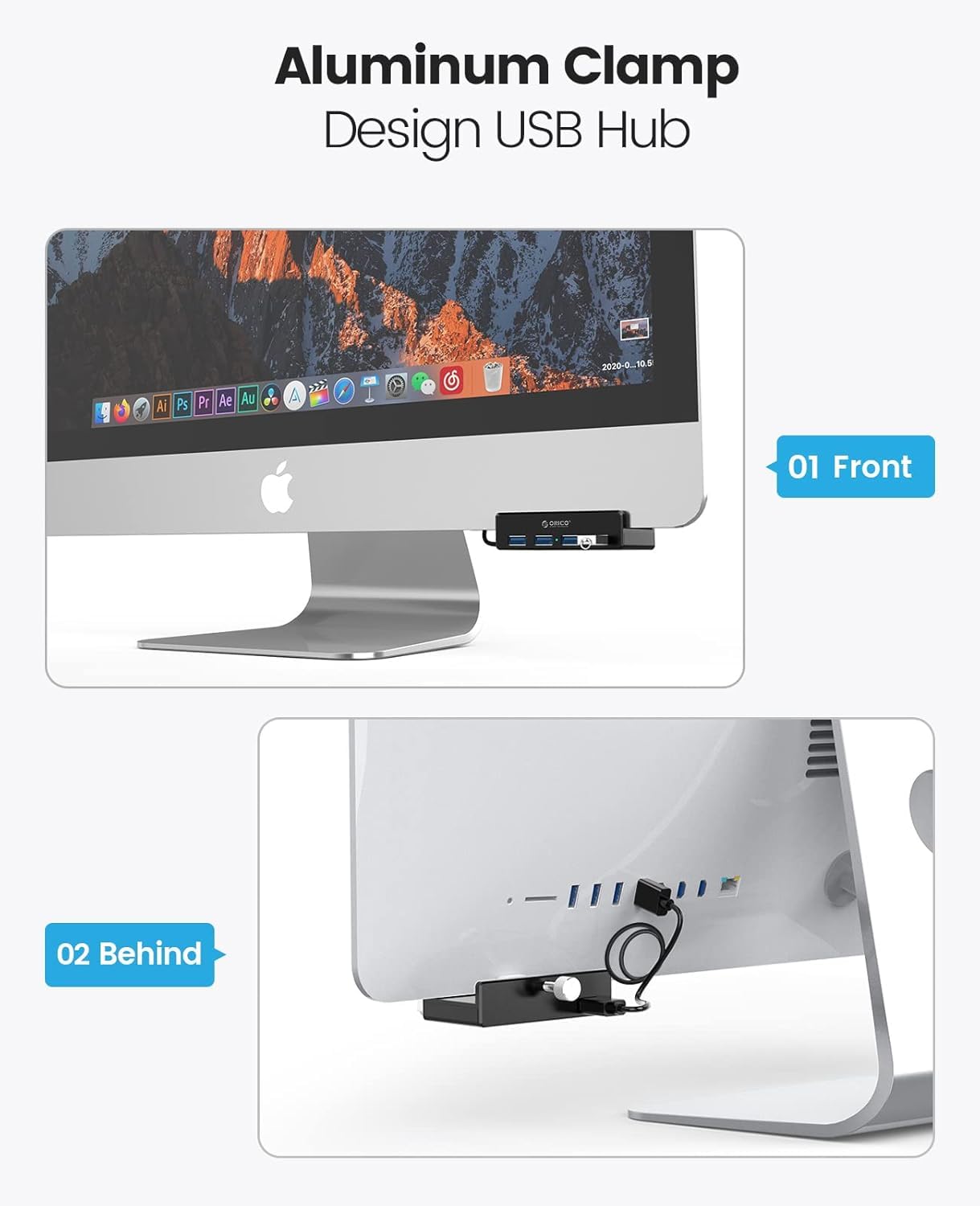 ORICO Hub USB 3.0, zacisk koncentratora USB, aluminiowy 4-portowy rozdzielacz USB z kablem do transmisji danych USB 4,92 FT, zasilany biurkiem koncentrator USB do monitorów/biurka, czarny (bez