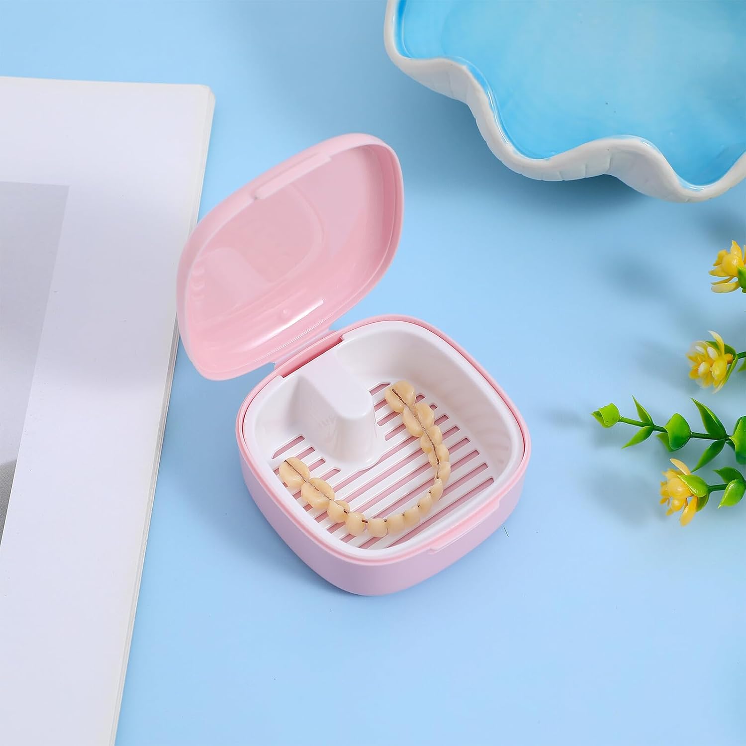 Generic Portable Retainer Box with Drainer Basket and Sealed Lid Storage Case for Retainers Guards Dentures Compact Travel Soaking and Cleaning Container