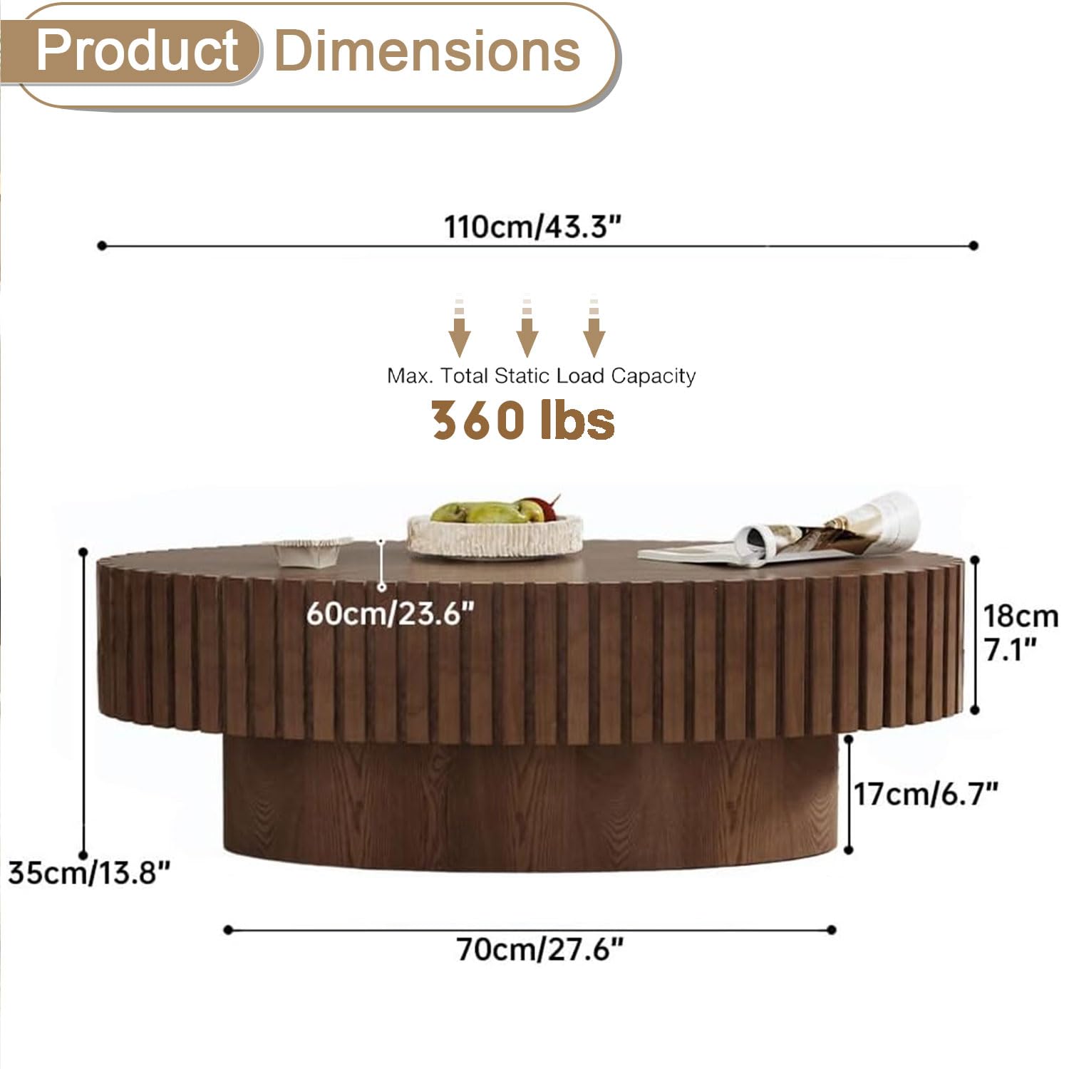 110 cm Mesa de Centro Ovalada, Nogal | Diseño de Madera Estriada, Moderno de Mediados de Siglo - Mesa Central para Salón, Apartamento - Montaje Sencillo
