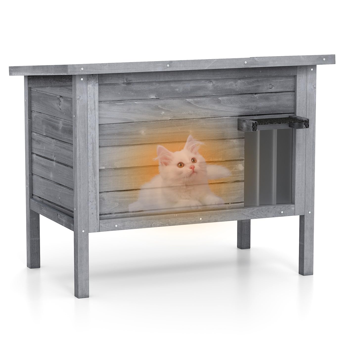GYMAX Outdoor Insulated Cat House, Weatherproof Feral Cat Shelter with All-Round Foam, Double Room, Openable Asphalt Roof, PVC Door, Wooden Pet House for Winter Outside (Light Gray)