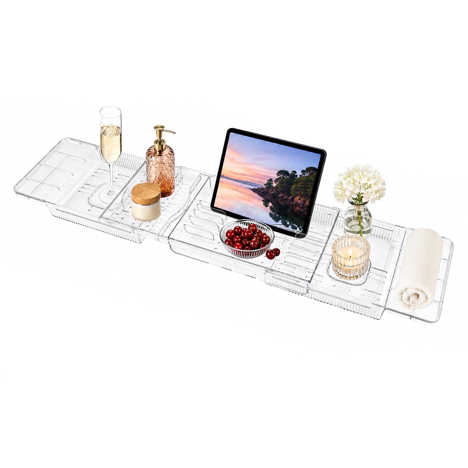 YORKING Adjustable Bath Tub Rack Bathroom Shelf Tidy Tray Storage Caddy Organiser Useful Shelf Wine Soap Holder Rack (Clear S)