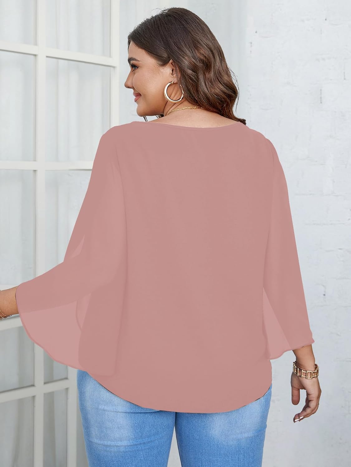SCOMCHIC Plus Size Blouses for Women Summer Chiffon 3/4 Sleeve Tunic Tops Dressy Scoop Neck Casual Loose Flowy Shirts - Image 6