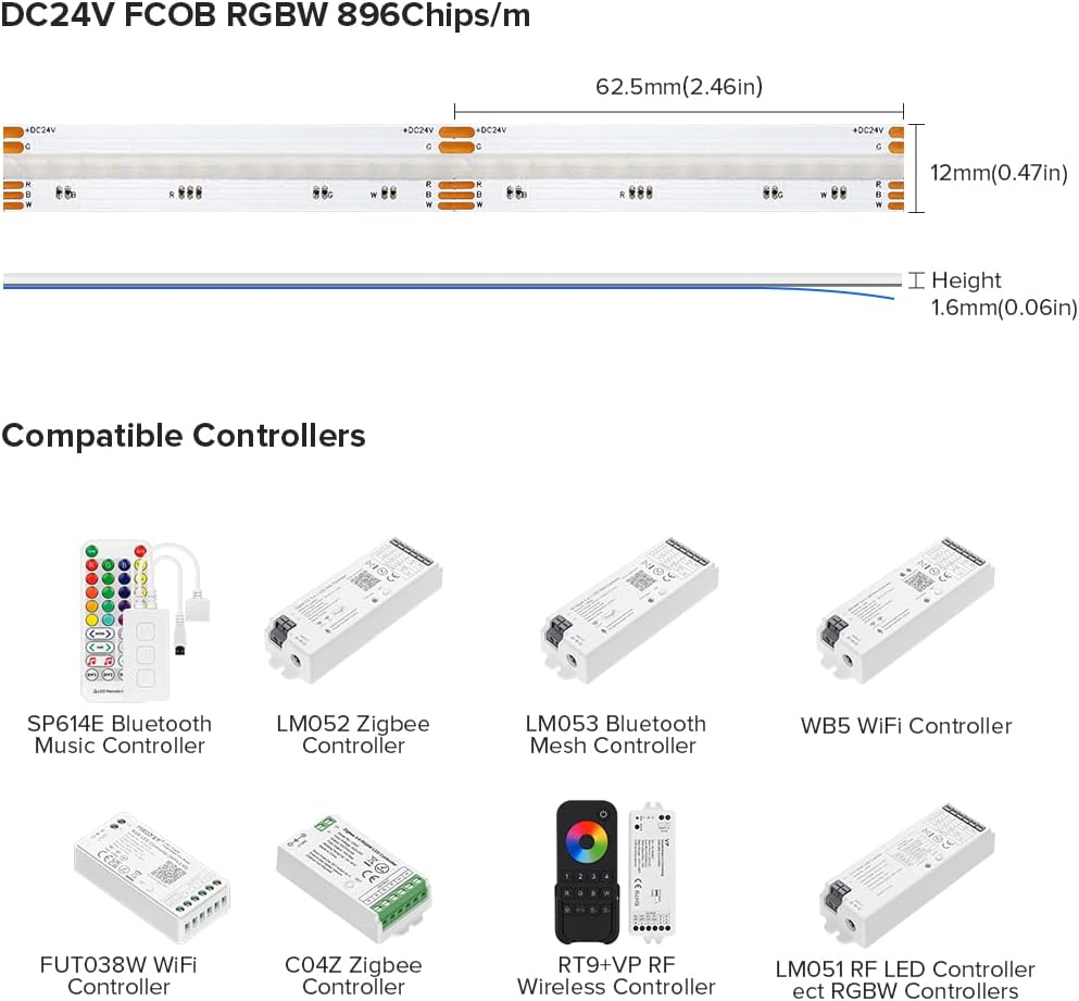 BTF-LIGHTING FCOB COB LED Strip RGBW 6500K 896LED/m 16.4FT DC24V Color Changing Flexible High Density Uniform Light 12mm Width for Home Indoor Decoration(No Adapter or Controller) - Image 5