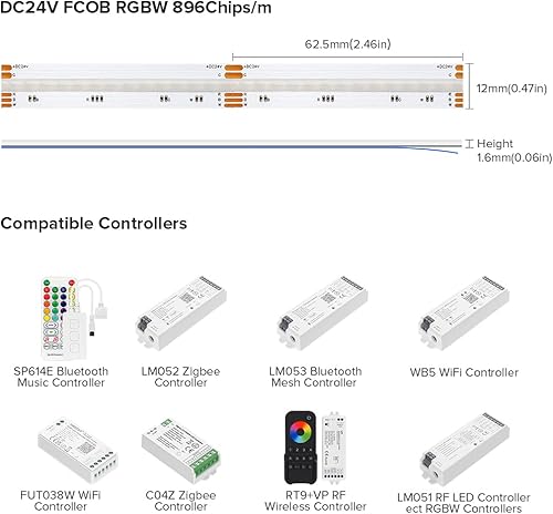Miniatura 5 de BTF-LIGHTING FCOB - Tira LED COB RGBW 4000K 896LEDm 9.8FT DC24V cambio de color, flexible, de alta densidad, luz uniforme de 0.472 in de ancho para