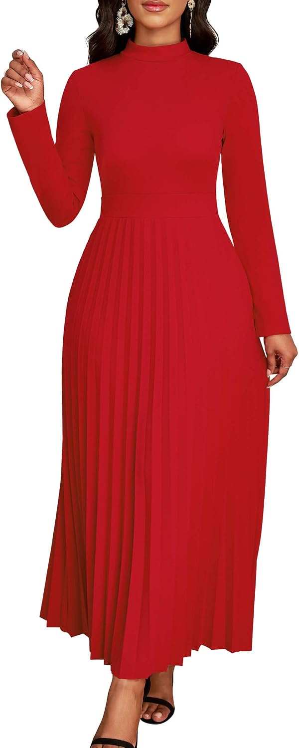 Nmoder Maxi Long Dress for Women, Casual Pleated Empire Waist Dresses Crewneck Long Sleeve
