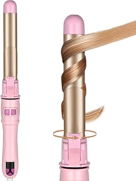 GREEN BREATH Automatic Rotating Curling Iron, 1 Inch 28mm Auto Rotating Barrel Hair Curler with Negative Ion Ceramic Tourmaline Barrel, Beach Waves Wand for Long Hair, Dual Voltage, Pink and Gold