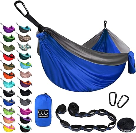 Gold Armour Camping Hammock - XL Double Hammock Portable Hammock Camping Accessories Gear for Outdoor Indoor with Tree Straps, USA Based Brand (Blue and Gray)