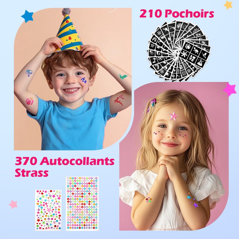 Bledras Kit Tatouage Paillettes Enfant, 42 Couleurs Imperméable Tatouage Temporaire à Paillettes, 210 Pochoirs, 5 Pinceaux, 3 Colles, Coffret Cadeau Fille, pour Anniversaire Carnaval Cosplay Fête