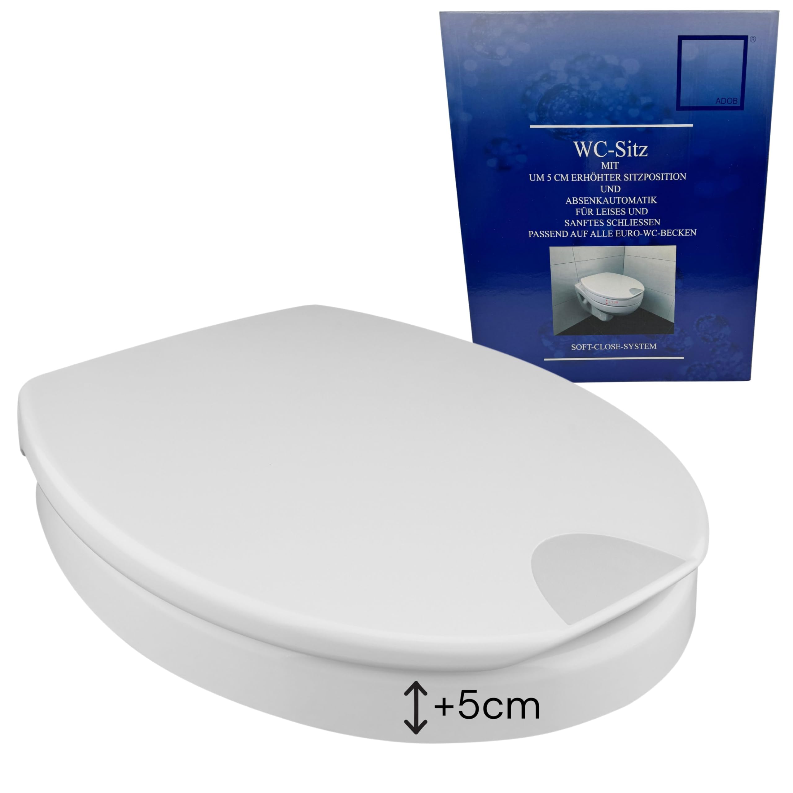 ADOB, Mantova WC Sitz Erhöhung Toilettensitzerhöher um 5 cm mit Absenkautomatik, bis 250 kg belastbar, bequem Sitzen und Aufstehen durch erhöhte Sitzposition, 56112