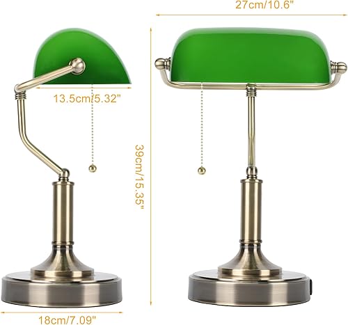 Miniatura 6 de LINNMON Bankers - Lámpara de escritorio verde con interruptor de cadena de tracción, lámpara retro con puertos de carga USB y tipo C, lámpara