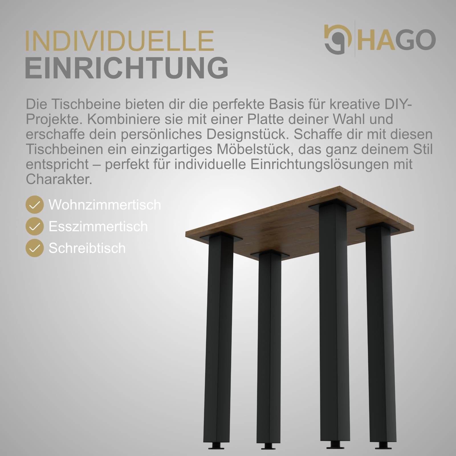 HAGO24 | Tischbeine 4er Set | höhenverstellbar | 90cm | 8x8cm | Couchtischbank | DIY Möbelfuß | Stahl | Schwarz | Schraubfüße | Montageplatte | 500kg