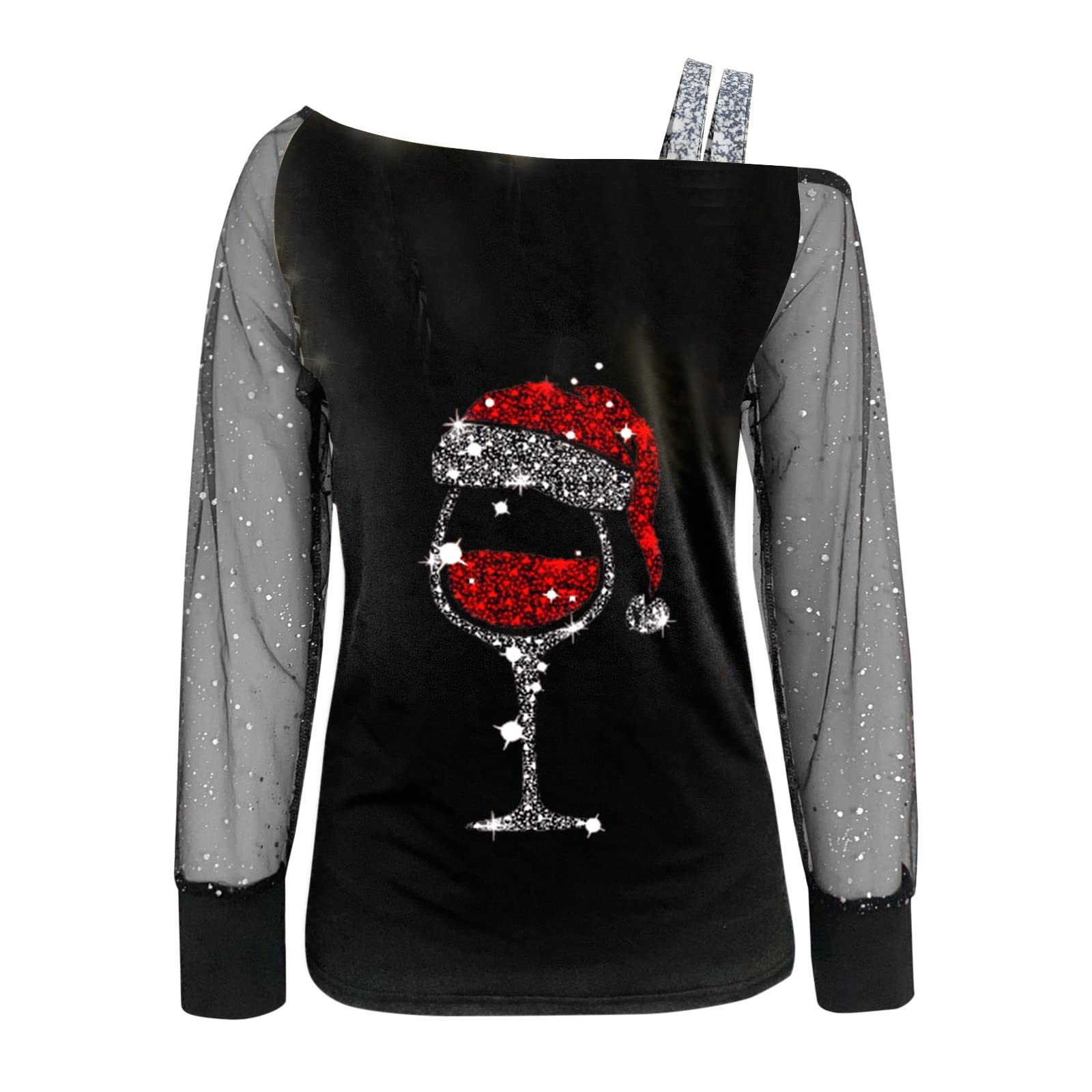 Weihnachtsshirt Damen Weihnachts Tshirt Sexy Schulterfrei Oberteile Glitzer Langarmshirt Weihnachtspullover Damen Lustig Weihnachtsbluse Elegant Weihnachten Pullover Weihnachtspulli Weihnachtsoutfit