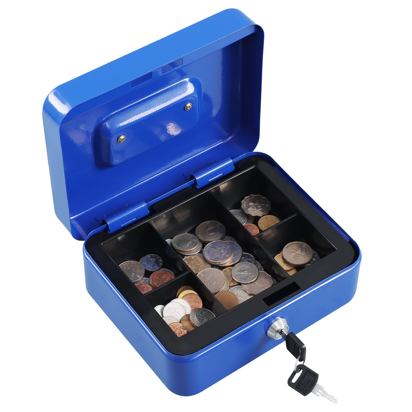 xydled Scatola per banconote in acciaio con cassetto porta monete rimovibile e serratura a chiave, 20 x 16 x 9 cm, blu