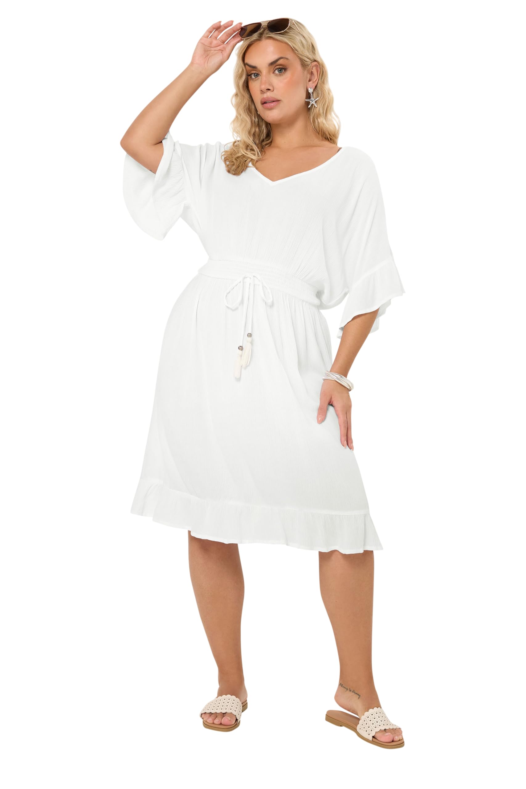 Yours Women's White Crinkle Beach Dress In | Size: 18/20