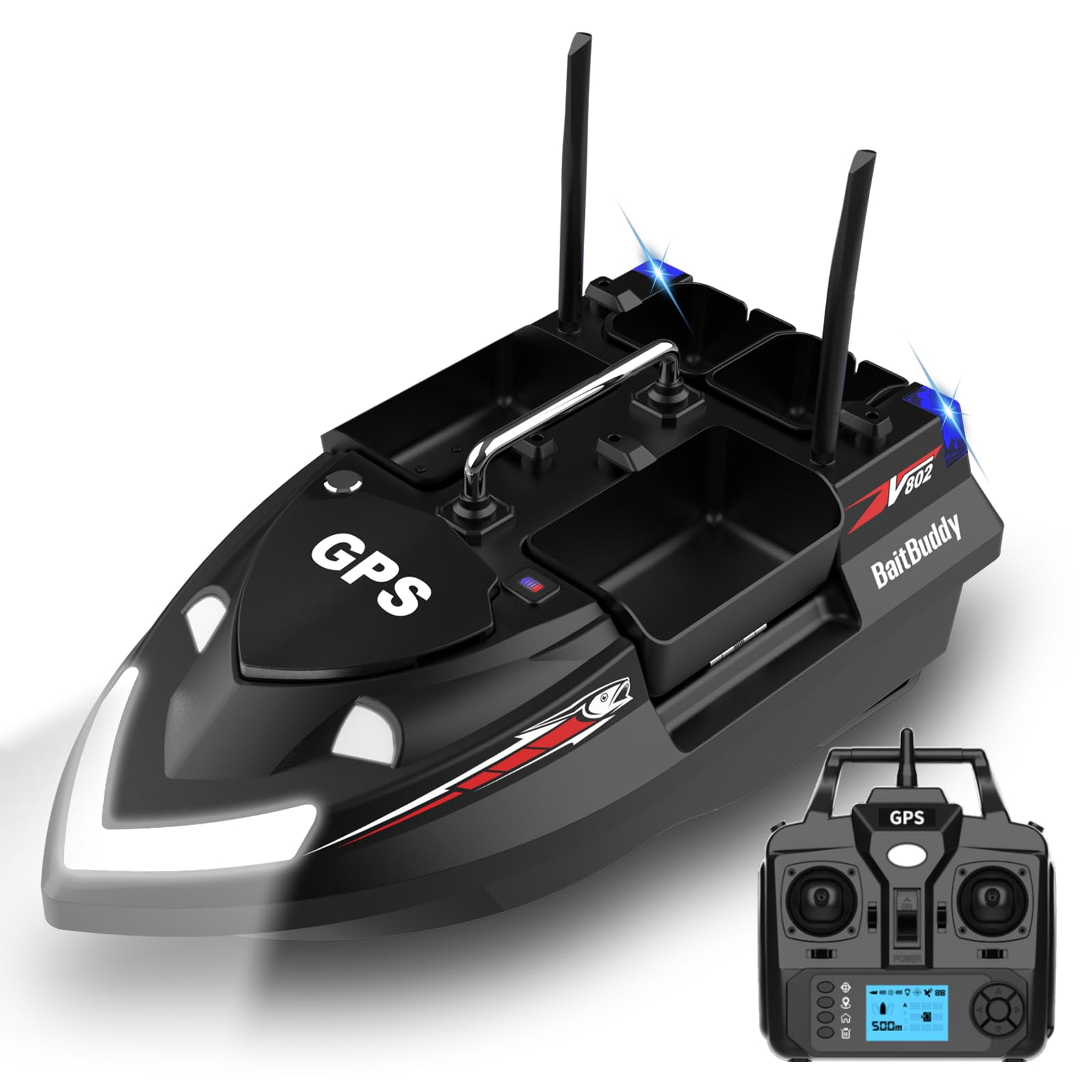 4 Boxes RC Bait Boat for Fishing with 6.6lbs Load Capacity, 18000mAh Battery & Dual Motor&Antena for 500M Long-Range Bait Deployment, Fish Bait Boats