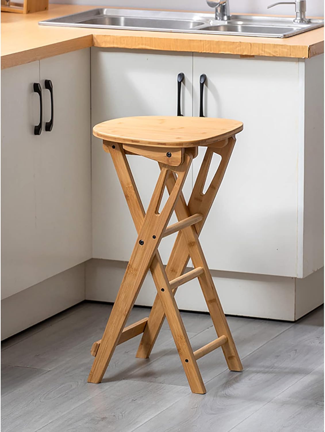 Bamboo Folding Bar Stool,Protable Folding Stool,Kitchen Counter Height Stool,Foldable bar chair with Footrest,Collapsible Wooden bar stools for Home Kitchen Breakfast,Natural,30x61cm(12x24inch)