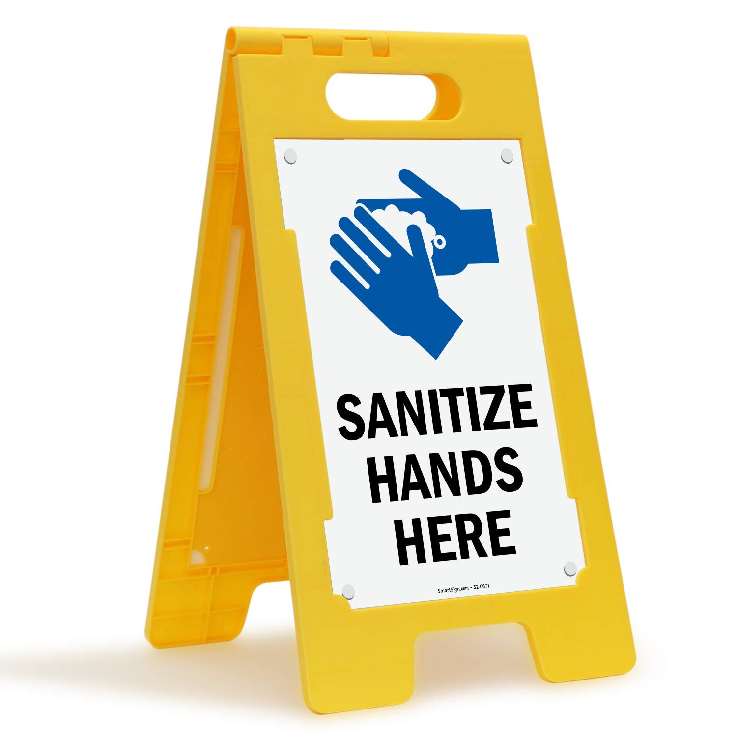 SmartSign Cartel plegable para piso "Sanitize Hands Here" | 63,5 x 30,4 cm de plástico