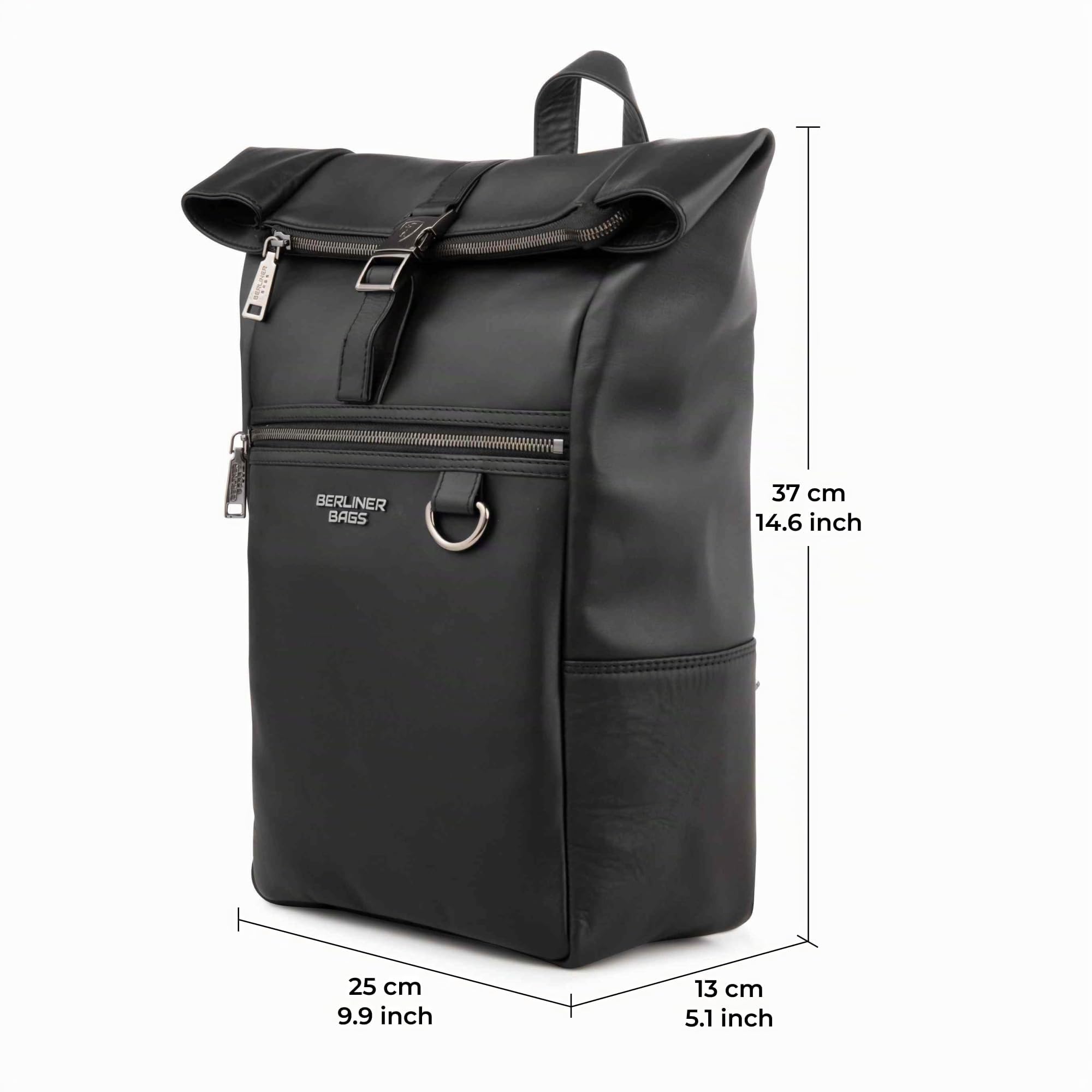 Berliner Bags Zaino Harlem in Vera Pelle, Zaino Rolltop Idrorepellente con Scomparto Laptop 15”, Zaino da Lavoro e Viaggio per Uomo e Donna – Nero
