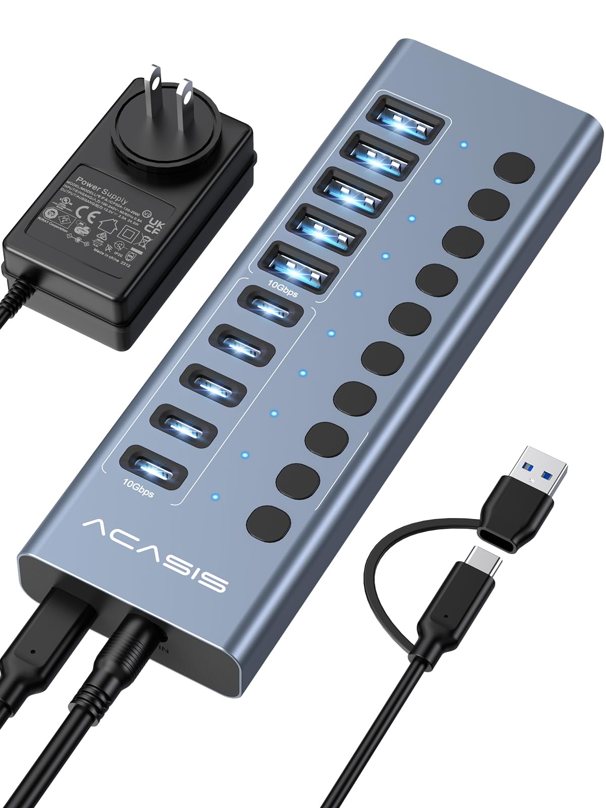 Hub USB 3.2 alimentato, hub USB 3.2 ACASIS a 10 porte (5 porte USB-A 3.2+5 porte USB-C 3.2), hub USB in alluminio alimentato con adattatore di alimentazione da 48 W, hub USB per PC/laptop, computer