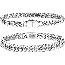 FLHEART Stainless Steel Initial Bracelets for Men, 2 Pcs A-Z Letter Silver Mens Bracelet with Initial, Stylish Non Tarnish Cuban Link Chain for Boyfriend Men Jewelry Gifts