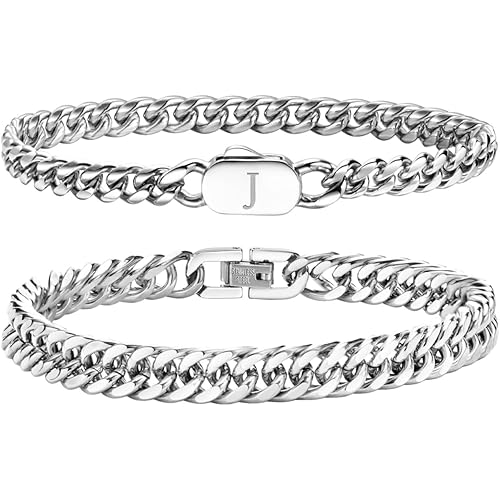 FLHEART Stainless Steel Initial Bracelets for Men, 2 Pcs A-Z Letter Silver Mens Bracelet with Initial, Stylish Non Tarnish Cuban Link Chain for Boyfriend Men Jewelry Gifts
