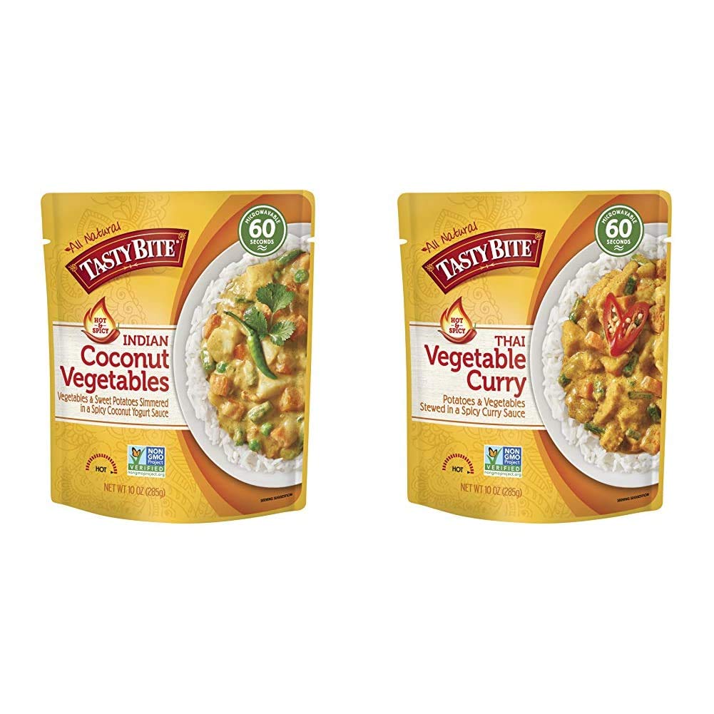 Tasty Bite Indian Entrée Hot & Spicy, Coconut Vegetables, 10 Ounce, Pack of 6 & Thai Entree Hot & Sp