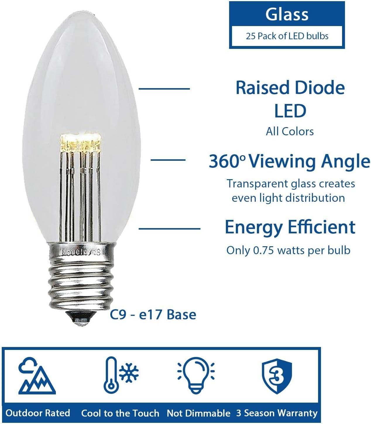 Novelty Lights 5 Pack C9 LED Outdoor String Light Patio Christmas Replacement Bulbs, Yellow, C9/E17 Base, .75 Watt