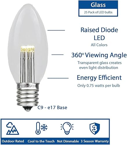 Miniatura 4 de Novelty Lights Paquete de 5 bombillas LED C9 de repuesto para exteriores, para patio, Navidad, color blanco puro, base C9/E17, 0.75 W