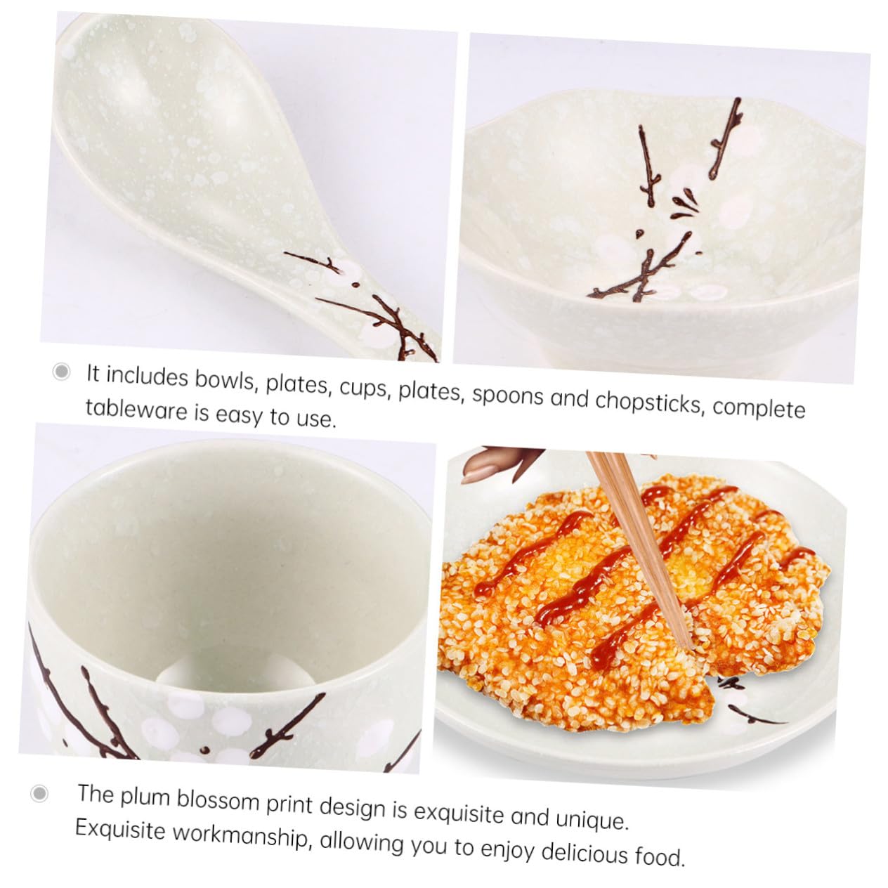 Cabilock Service de Table Japonerie en Céramique et Bois, 6 Pièces, Bol, Assiette, Tasse, Cuillère et Baguettes, Sûr et pour Repas Quotidiens