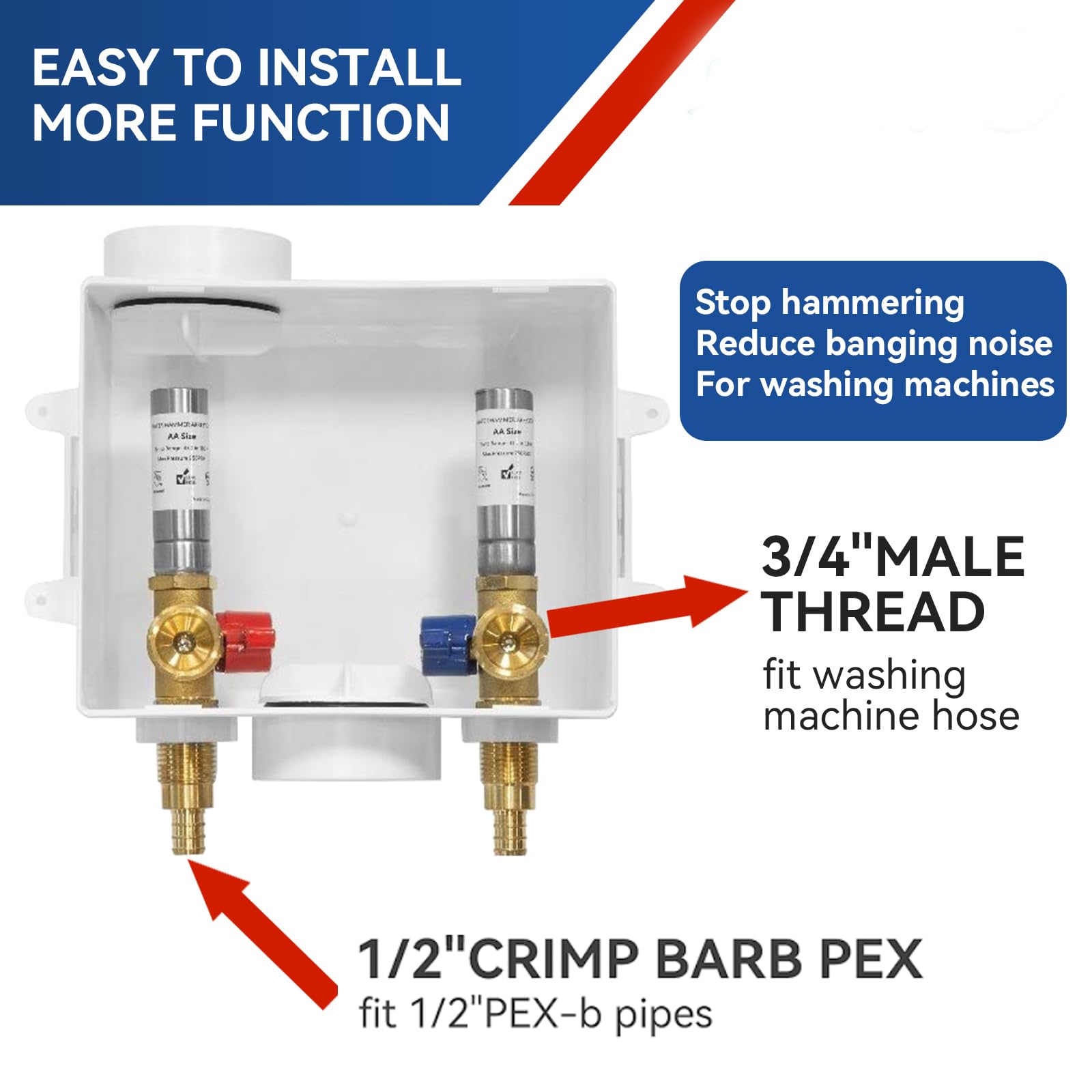 5-PACK GUOFIS Washing Machine Outlet Box With Copper Water Hammer Arrestor, PEX Laundry Washer Box With Central And Side Drain Design(1/2"MIP Sweat Connection Inlet X 3/4"MHT Outlet)(WM011-5Pack