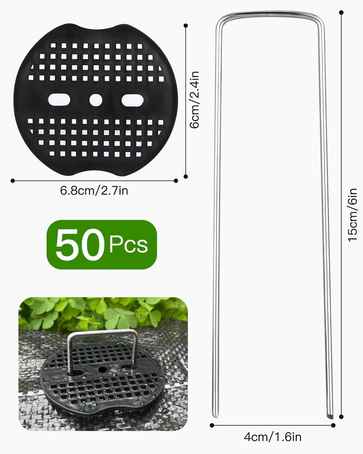 Grapas de Jardín, 50 Piezas con Arandelas Piquetas (150 MM x 40 MM x 3 MM), Clavos de Suelo para Asegurar Tela de Maleza, Paisaje, Redes, Césped Artificial